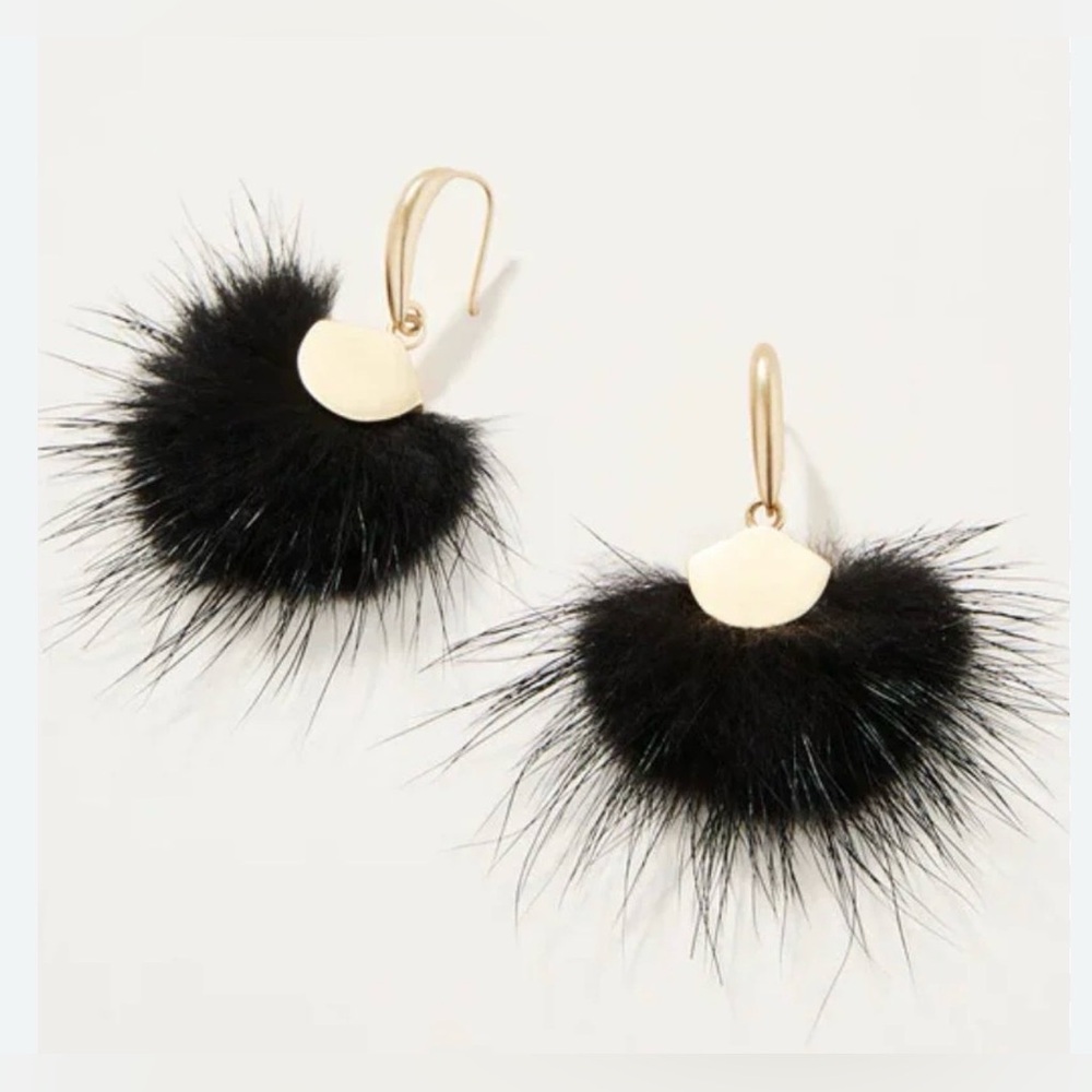Black Faux Fur Fan Statement Earrings Gold Dangle Boho Glam Holiday